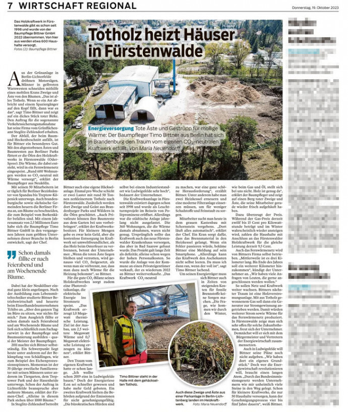 Presseartikel (MOZ, 19.10.2023) Holzkraftwerk Fürstenwalde (Baumpflege Bittner GmbH)
